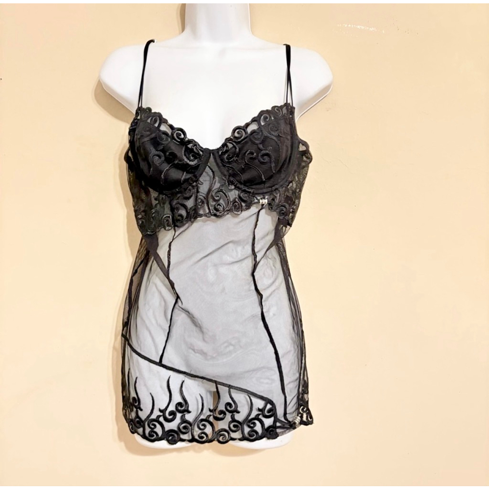 Shirley of‎ Hollywood Vintage Lace Black Chemise Lingerie L
